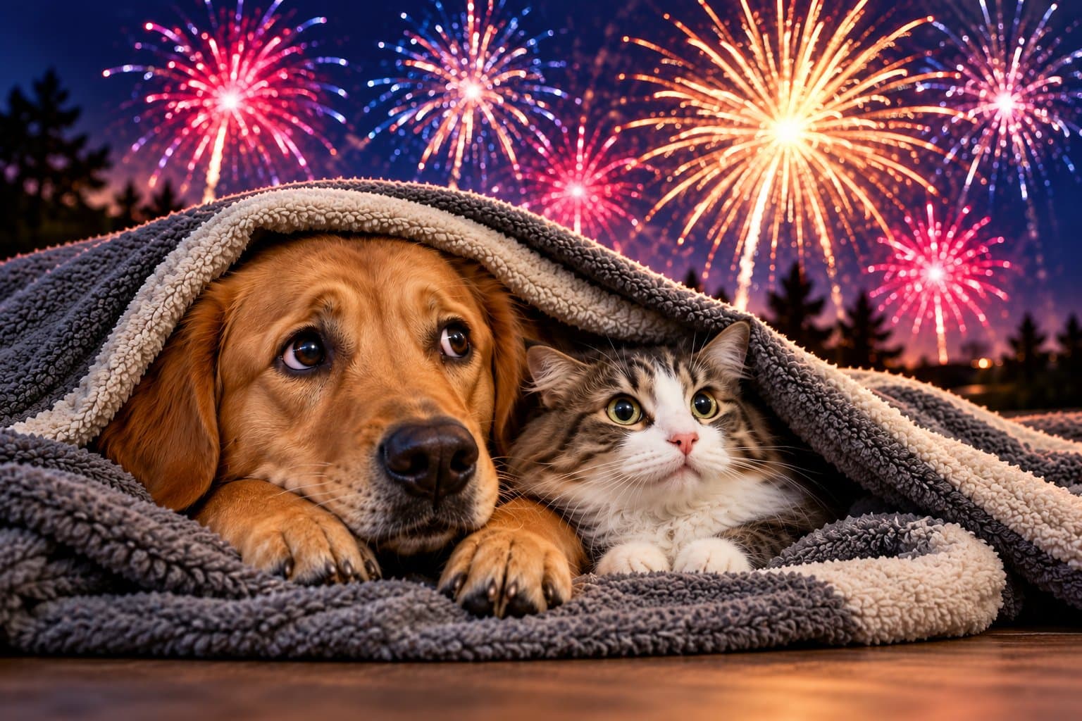 hond en kat onder deken voor vuurwerk