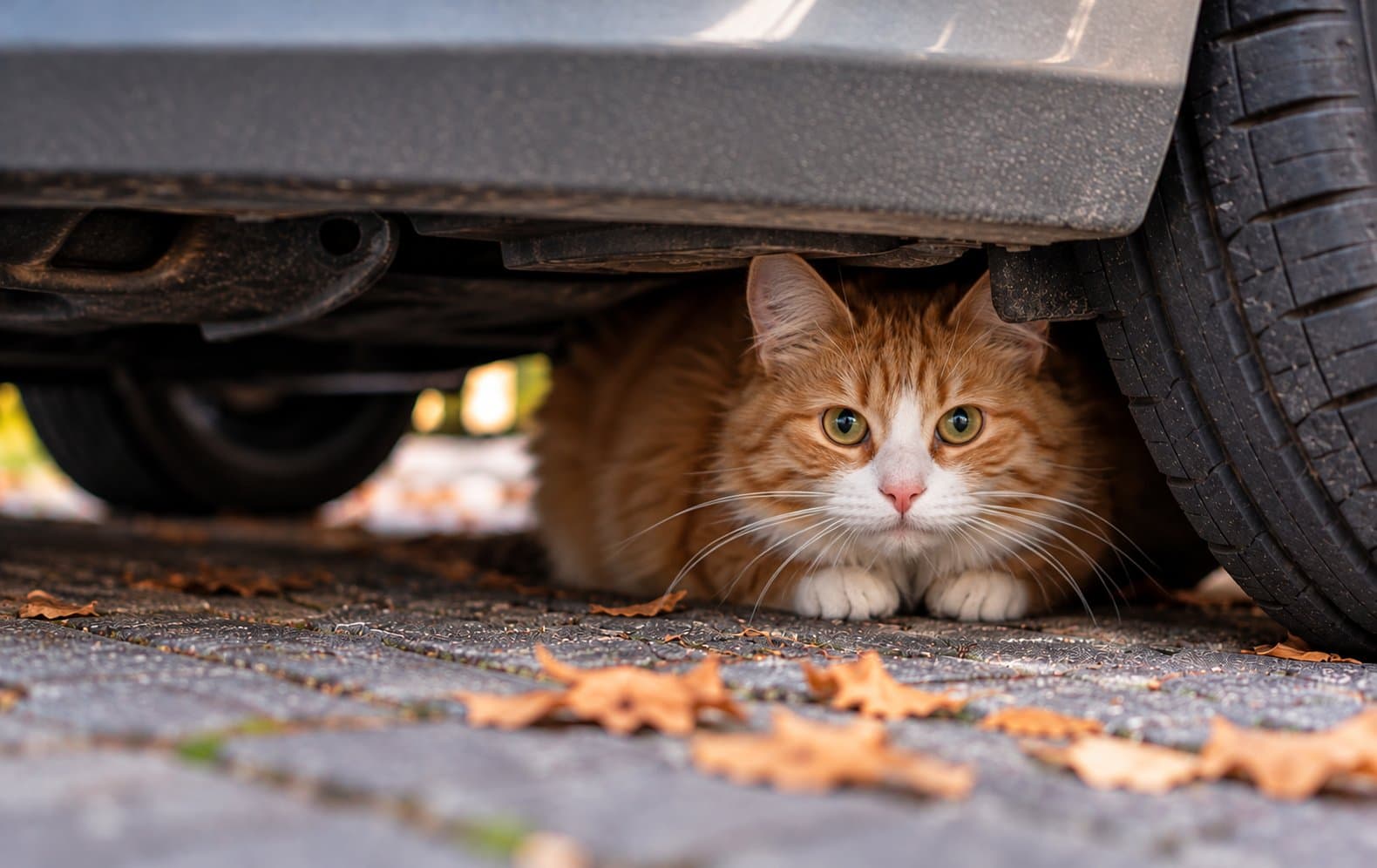 kat verstopt onder auto