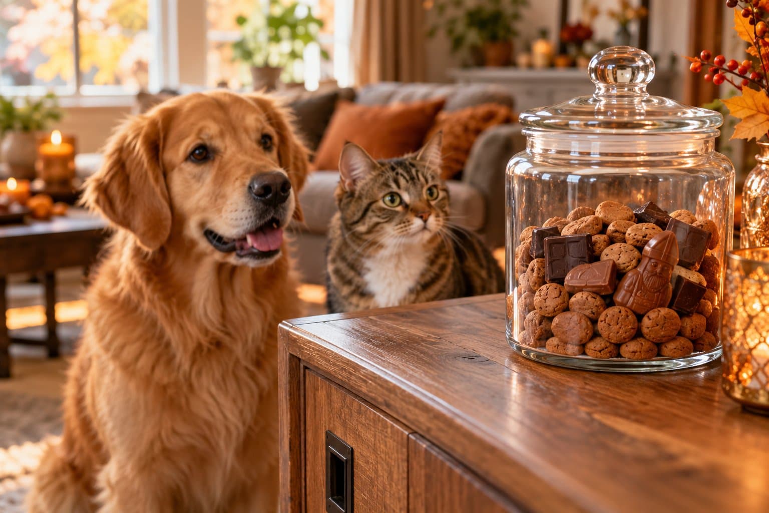 hond en kat kijken naar pot met pepernoten en chocolade