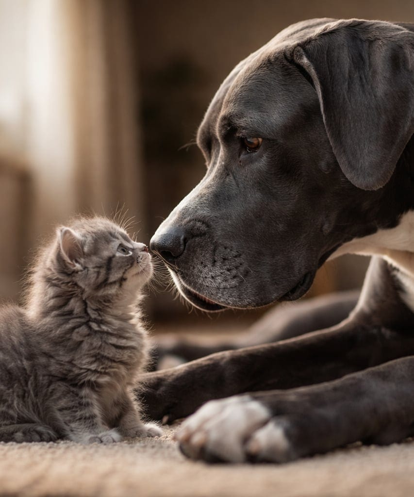 Kitten en Deense dog raken elkaar neus aan neus